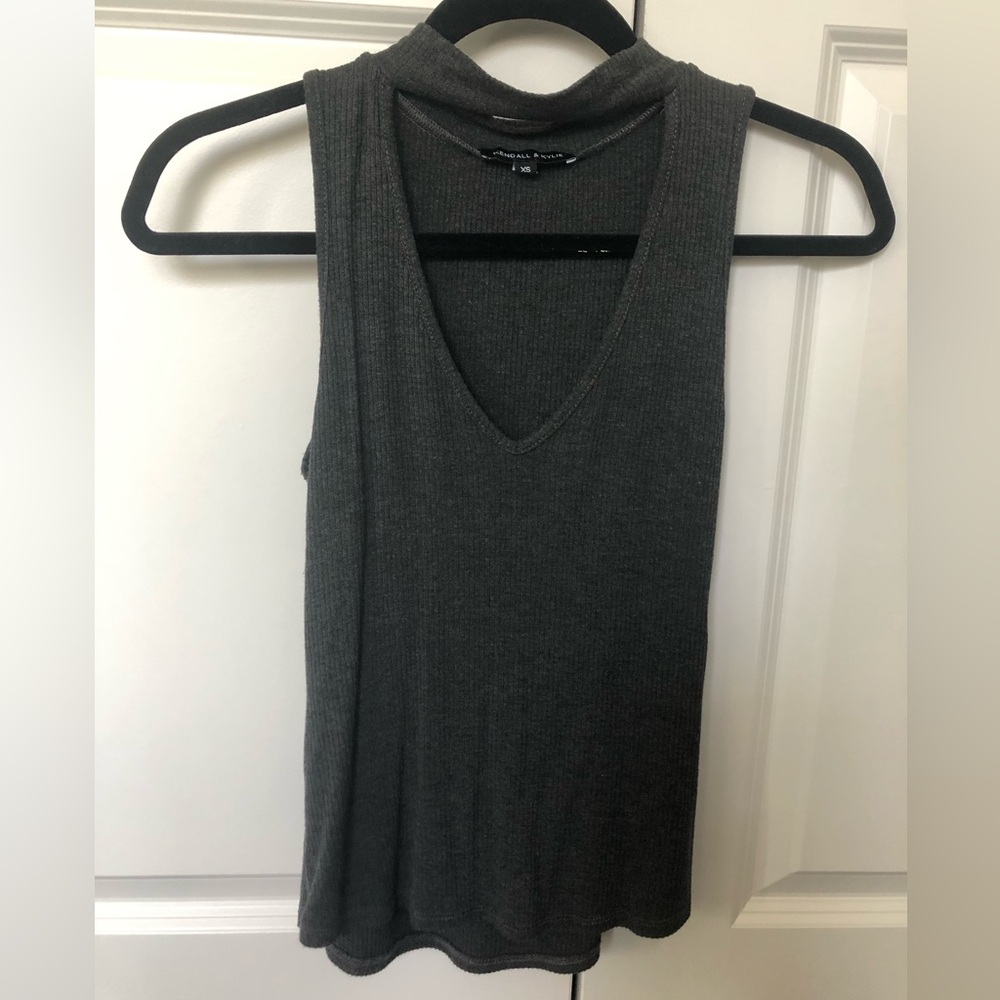 Kendall + Kylie Grey Ribbed Choker Tank